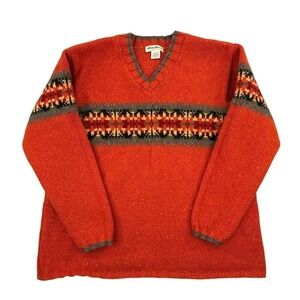 Vtg Eddie Bauer Sweater Womens M Orange Lambswool V Neck Pullover Fair Isle USA